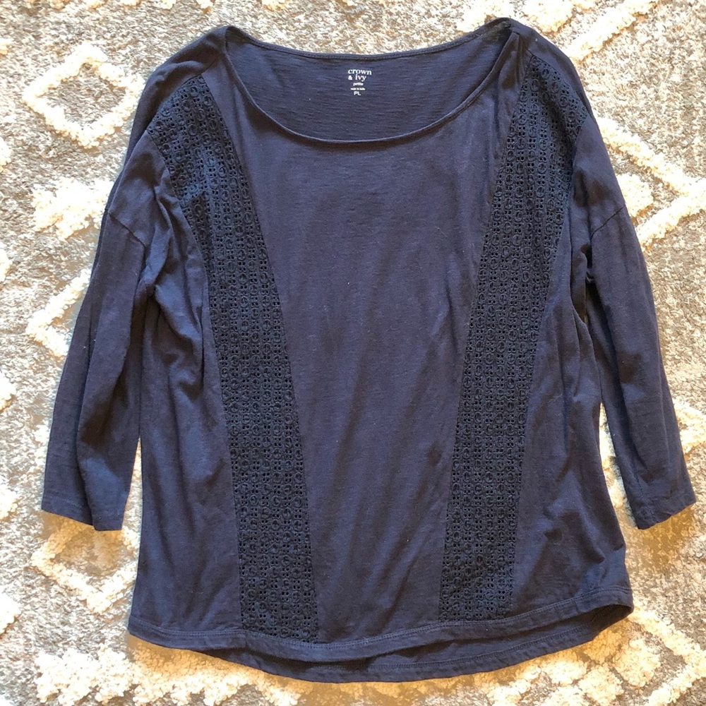Crown & Ivy navy blue petite large 3/4 sleeve length scoop neck top